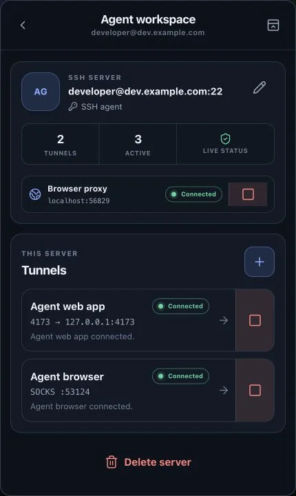 SSH Man showing a connected agent workspace with an app tunnel and browser proxy