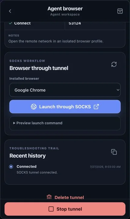 SSH Man showing its installed-browser selector and launch-through-SOCKS control
