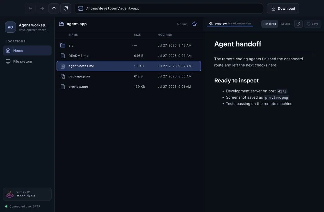 SSH Man remote Explorer previewing a coding-agent handoff file over SFTP