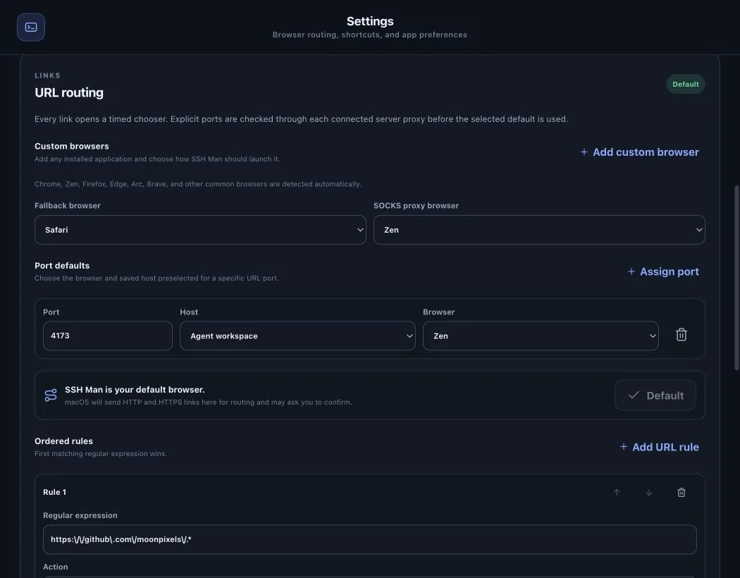 SSH Man URL routing settings with browser choices and a port assigned to an agent workspace